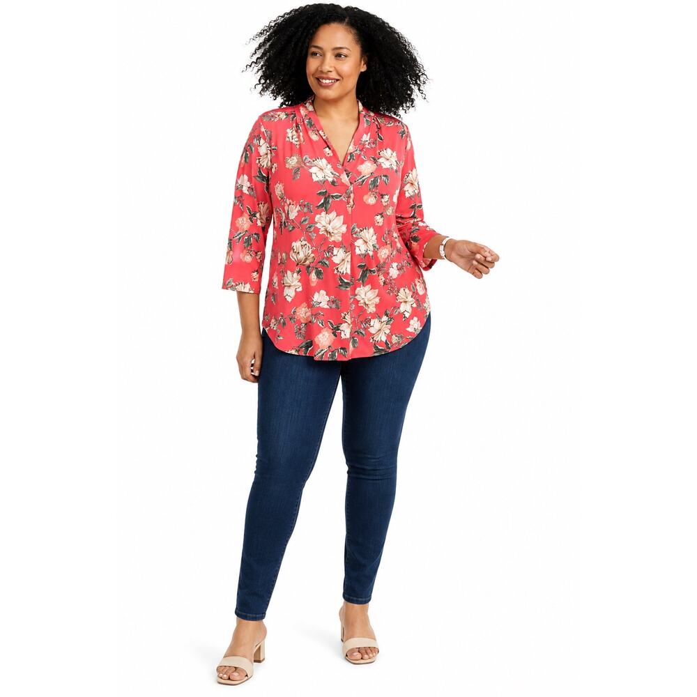 NWT Charter Club Floral Pleated Neck Top Womens 3X Tucson Coral
